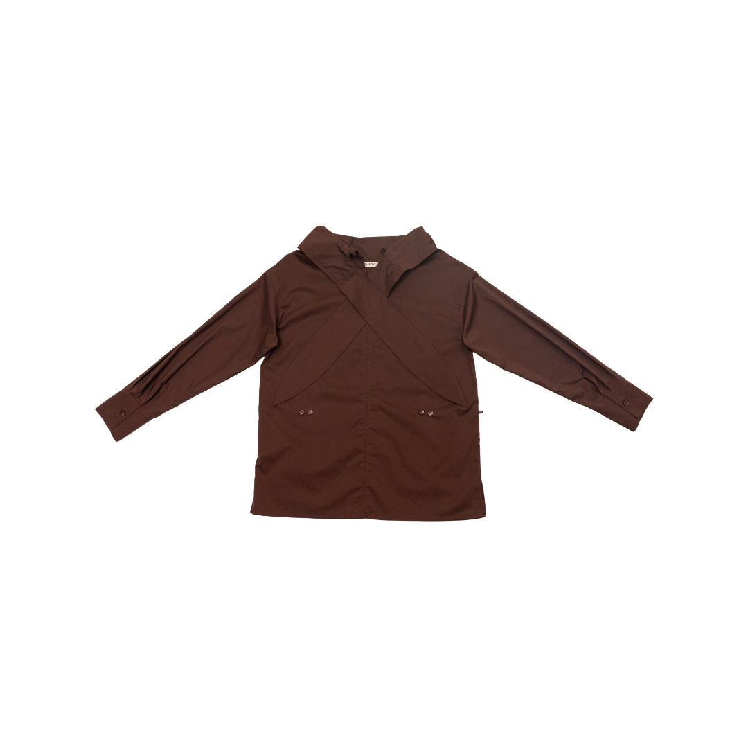 Multi-Wear Tie-Neck Stand Collar Blouse in Brown