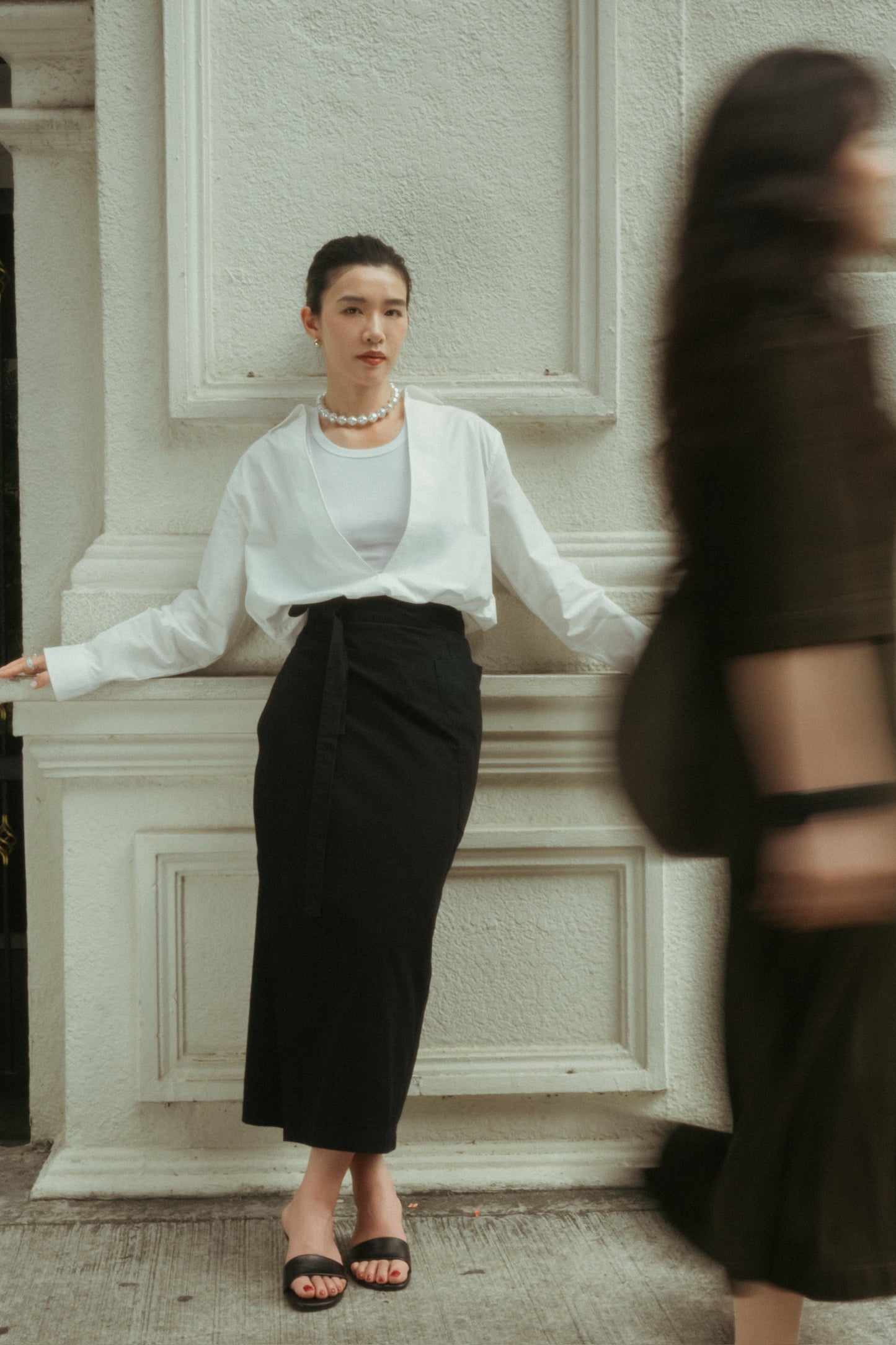 Tie-Waist Wrap Midi Skirt in Black