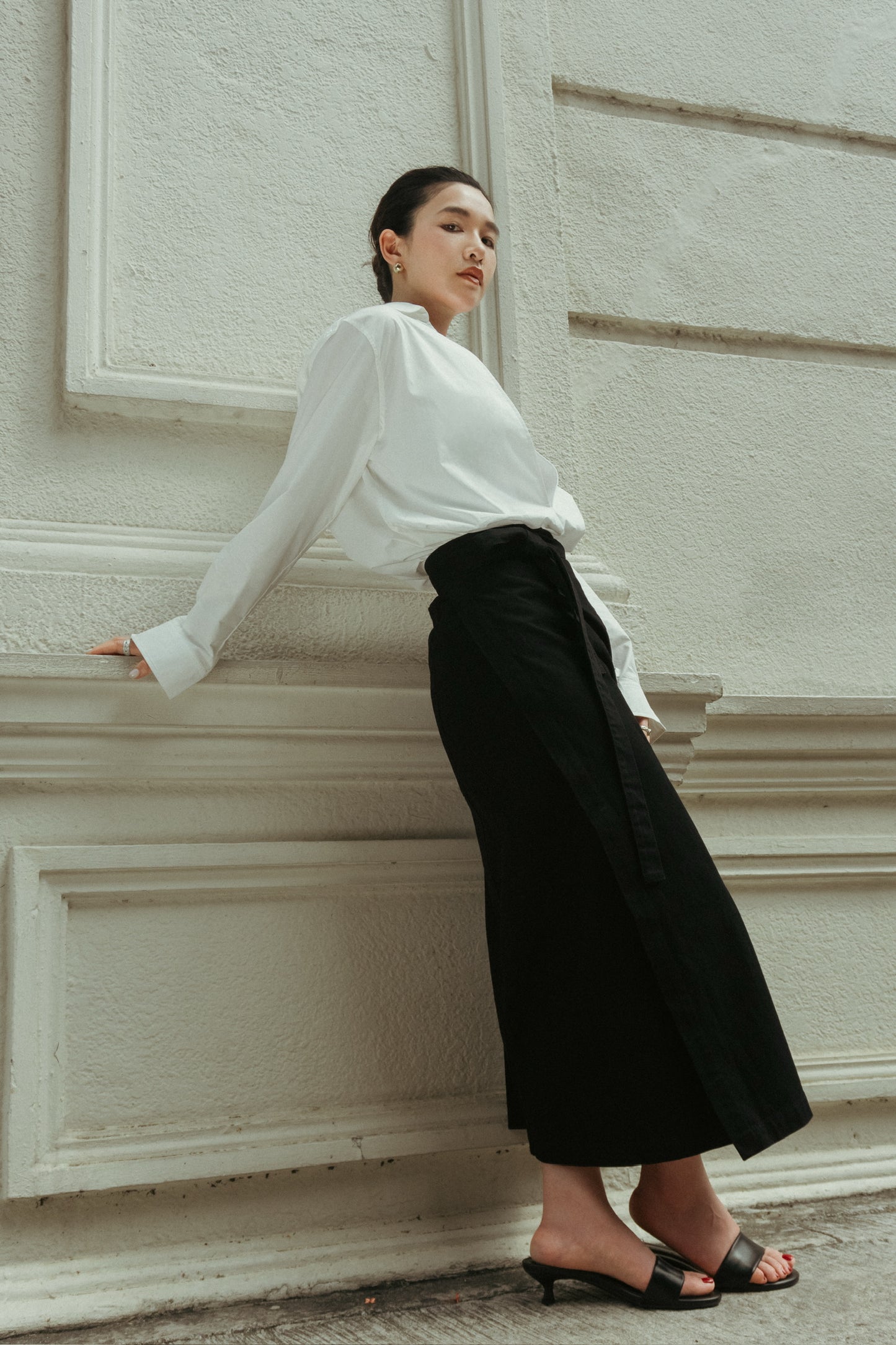 Tie-Waist Wrap Midi Skirt in Black
