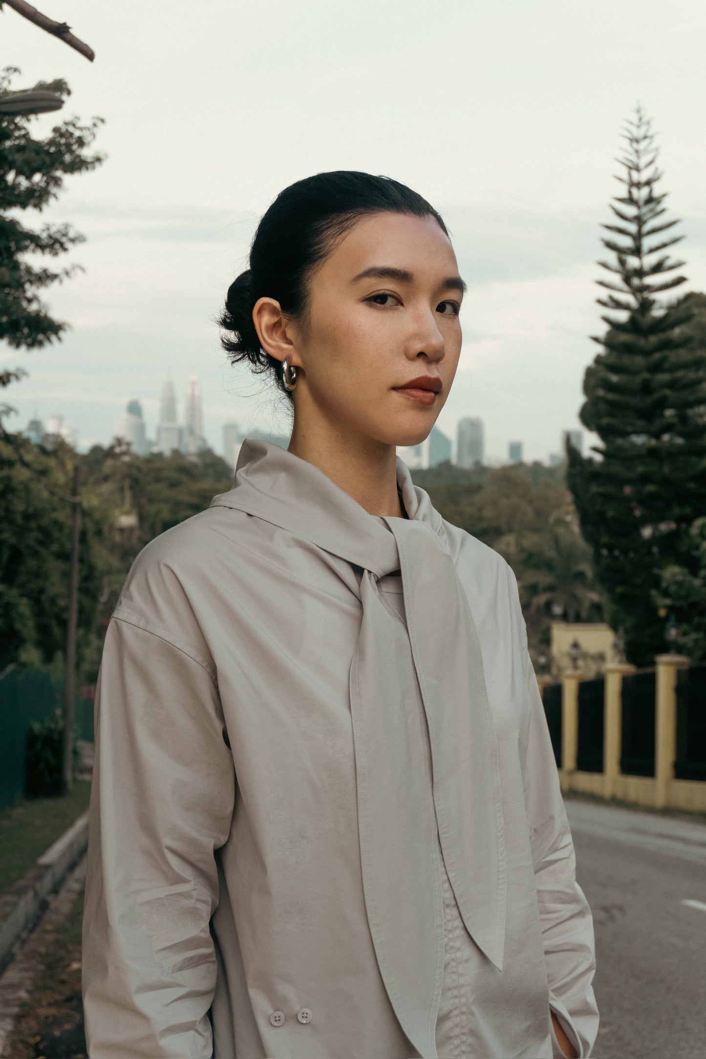 Multi-Wear Tie-Neck Stand Collar Blouse in Grey