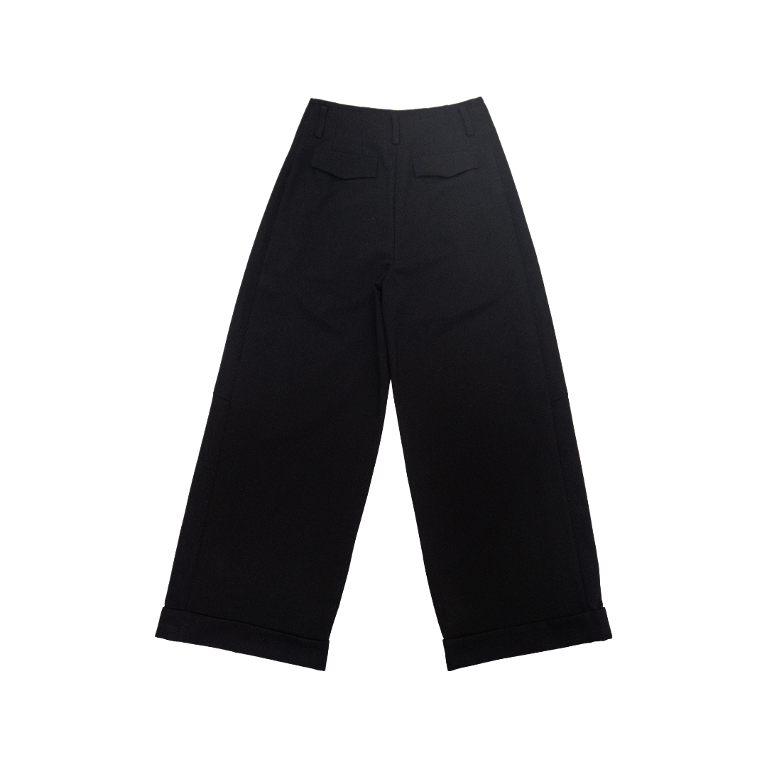 Contrast-Trim Cuffed Wide-Leg Trousers in Black