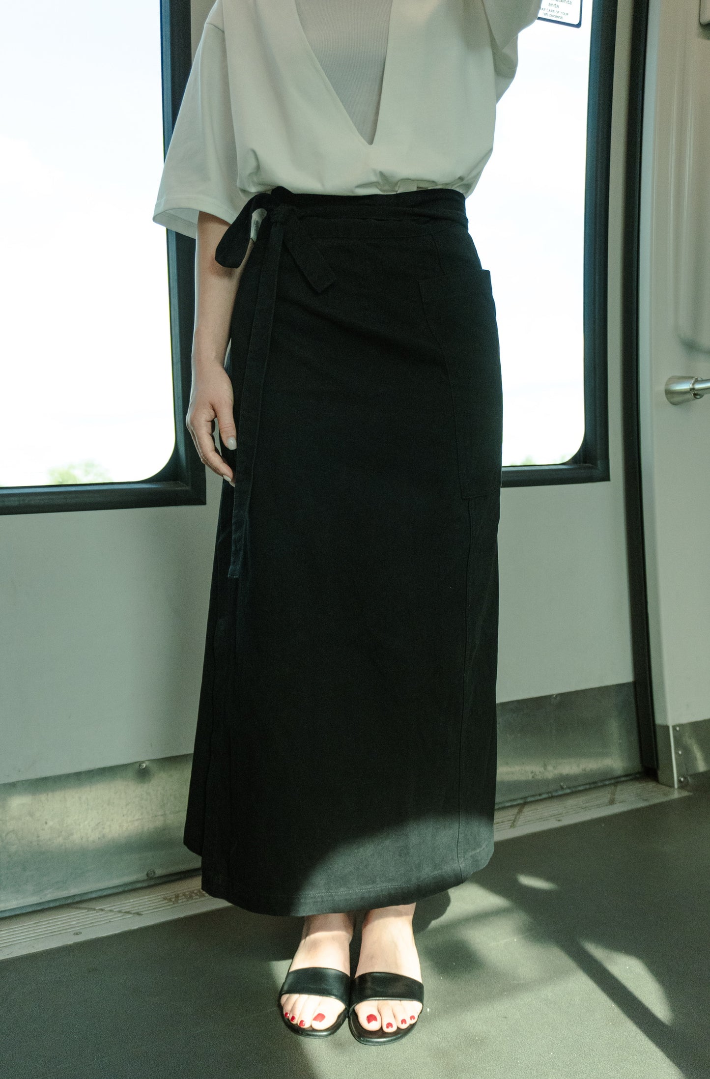 Tie-Waist Wrap Midi Skirt in Black