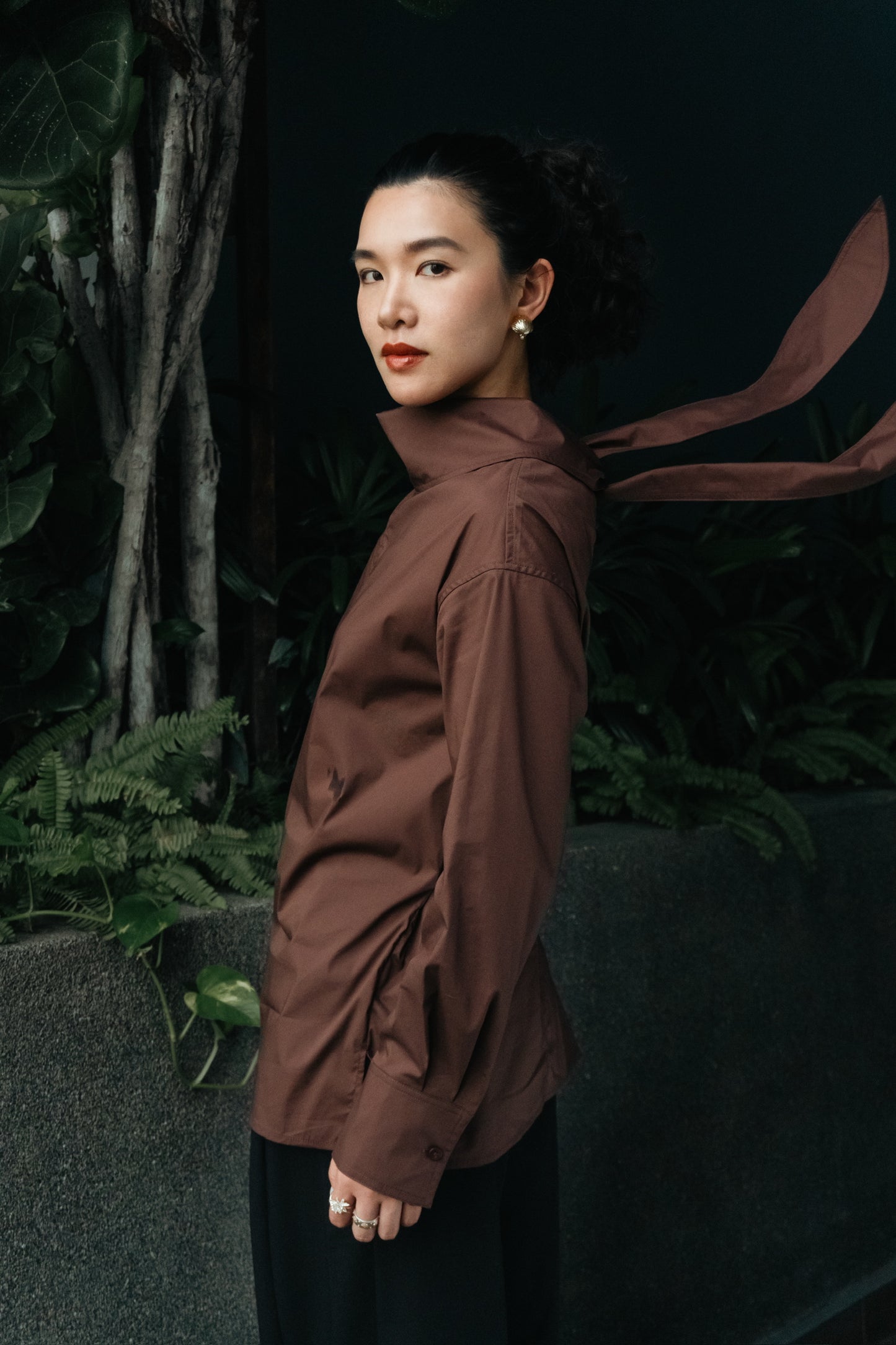 Multi-Wear Tie-Neck Stand Collar Blouse in Brown