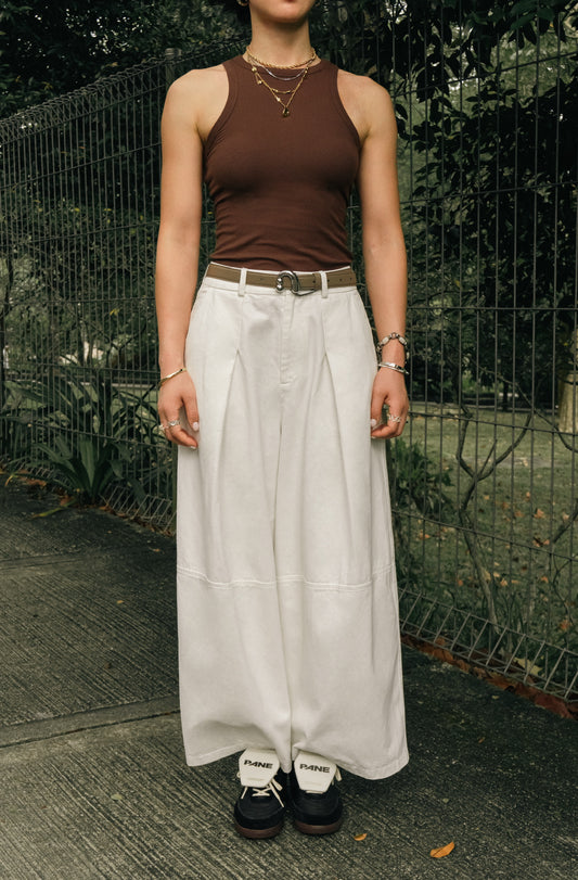 Pleated Wide-Leg Cropped Casual Trousers in White